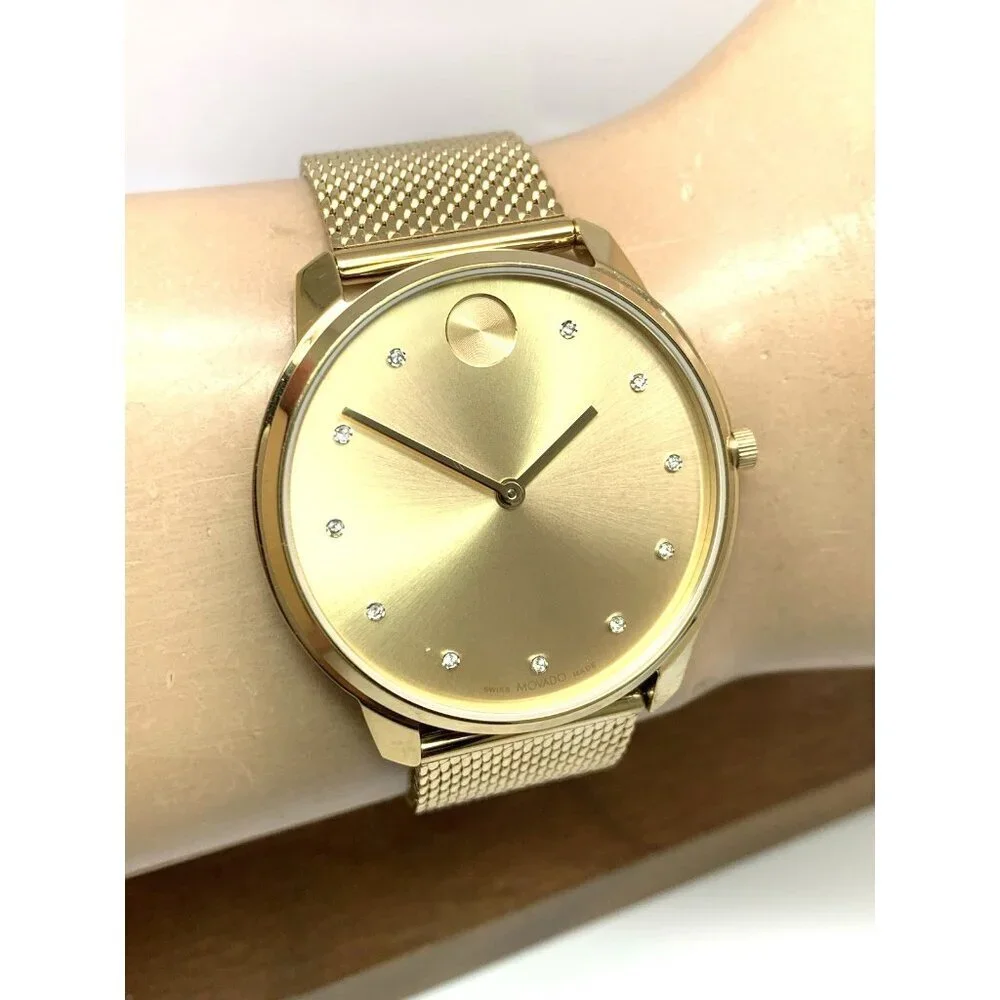 Movado Men's Watch 3600903 Diamond Gold Dial Swiss Quartz Mesh Steel Band 42mm